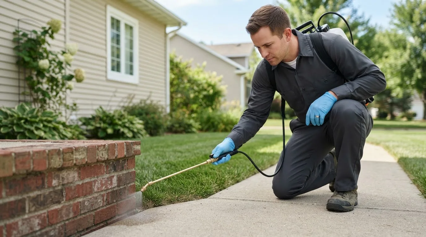 Pest control technician treating a home near Lynchburg, OH