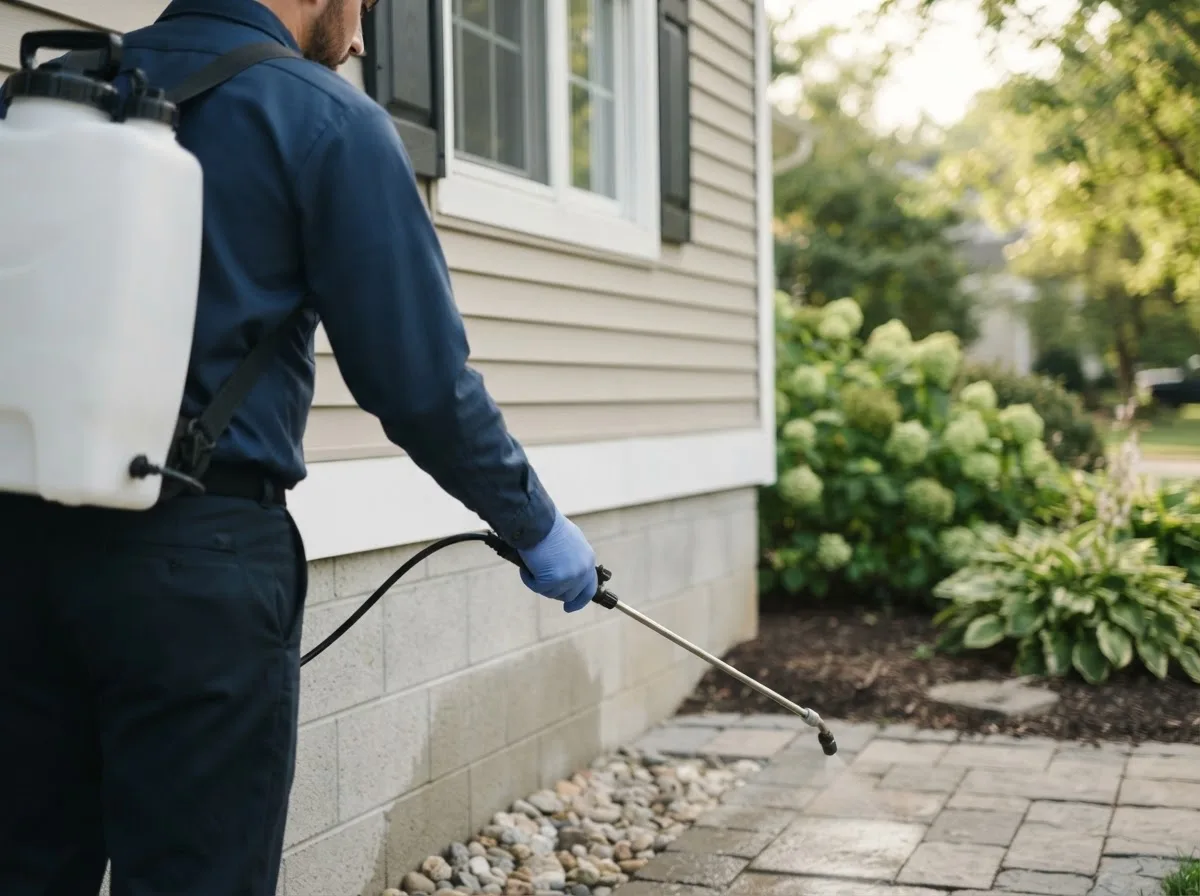 Pest control technician inspecting a home in Lynchburg, OH